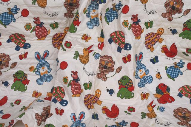 60s vintage quilted cotton fabric remnant, calico animals novelty children's print