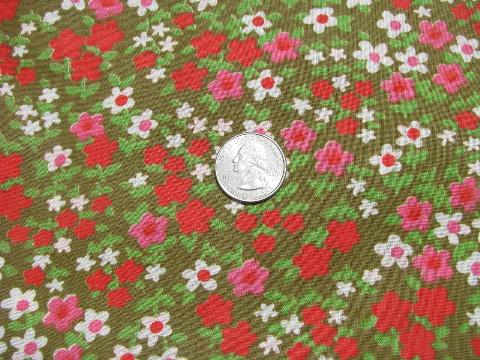 60s vintage rayon blend fabric, mod flower print in red & pink w/ white daisies
