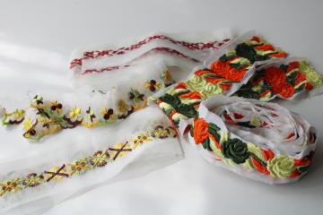 60s vintage sewing trim lot, embroidered insertion embroidery on sheer cotton