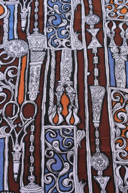 60s vintage steampunk print fabric, zentangle crazy line drawings of scissors