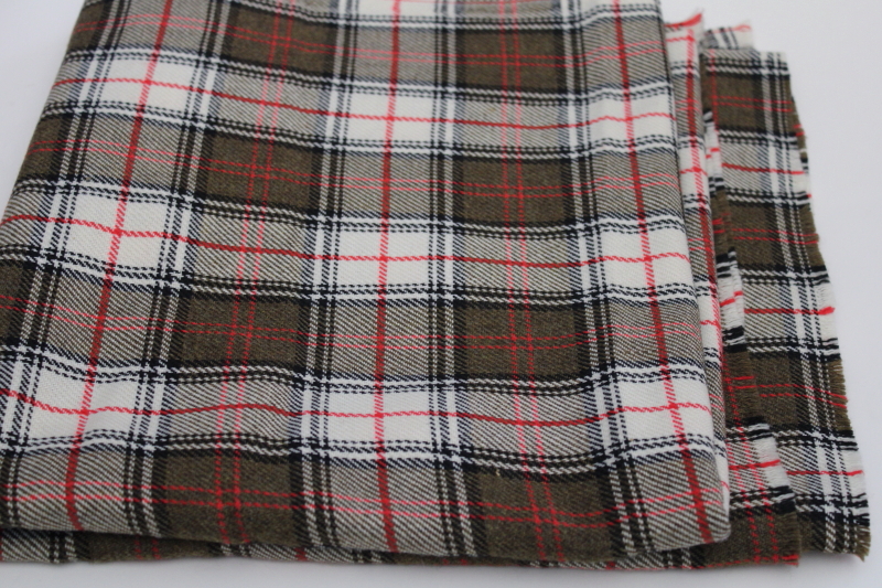 60s vintage wool or blend tartan plaid fabric, brown red black white