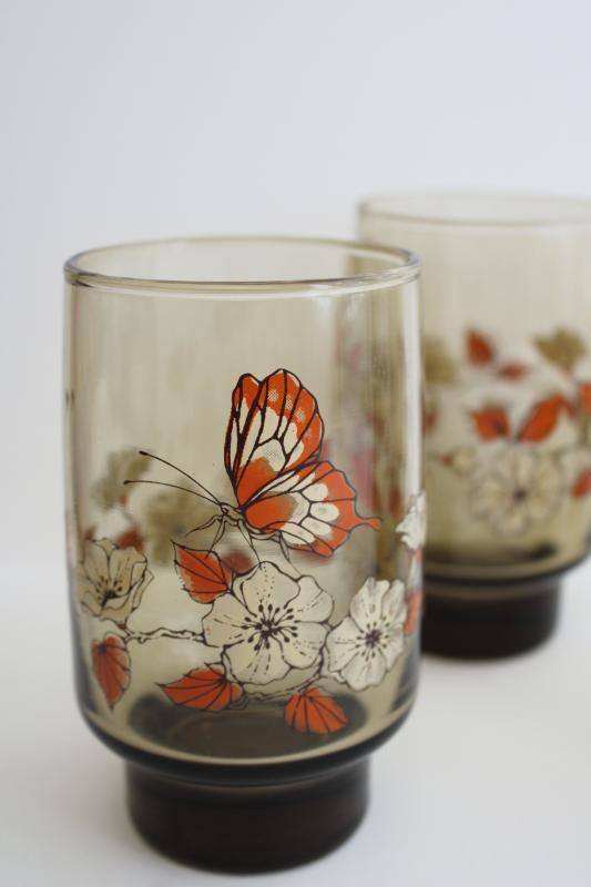 70s 80s vintage Libbey accent orange butterfly drinking glasses, tawny smoke brown glass