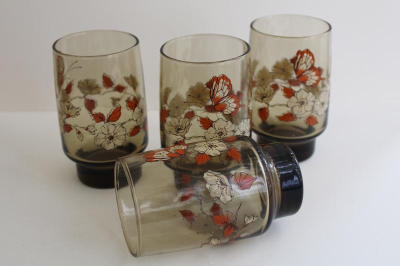 70s 80s vintage Libbey accent orange butterfly drinking glasses, tawny smoke brown glass