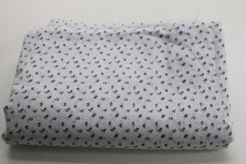 70s 80s vintage cotton poly fabric, tiny print flowers & pin dots in blue & purple