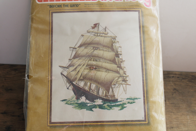 70s 80s vintage crewel work embroidery kit, tall ship sailing Before