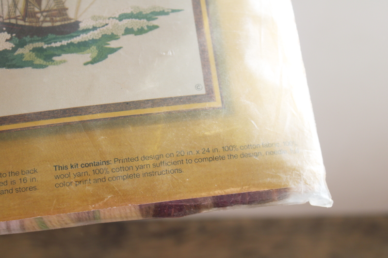 70s 80s vintage crewel work embroidery kit, tall ship sailing Before