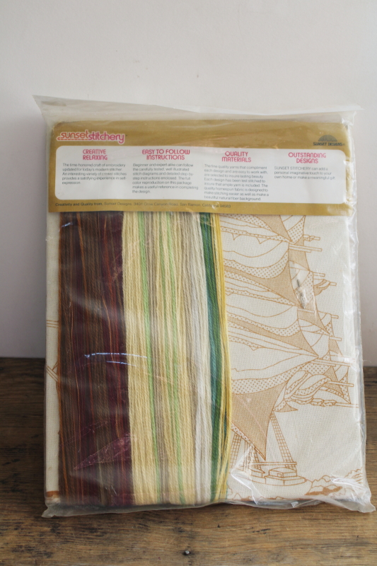 70s 80s vintage crewel work embroidery kit, tall ship sailing Before