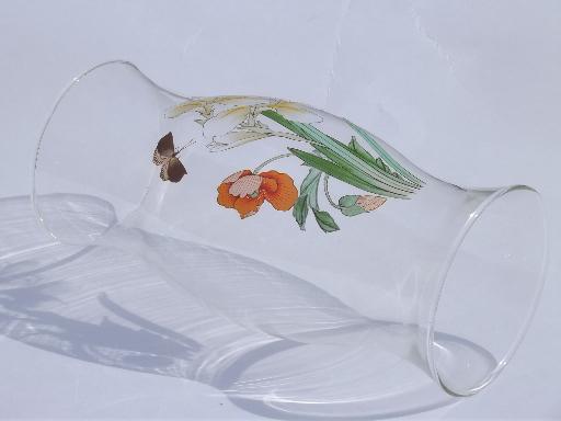 70s 80s vintage glass hurricane shade, orange poppy, iris and moth butterfly