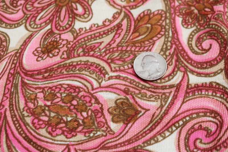 70s 80s vintage paisley print cotton pique knit fabric, boho style girly pink