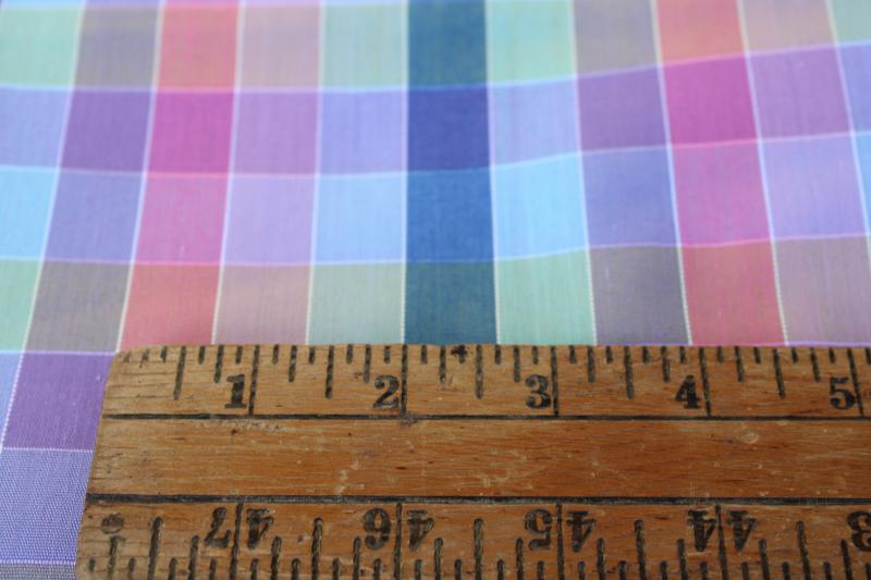 70s 80s vintage poly cotton blend shirting fabric, plaid checks in cool colors, lavender