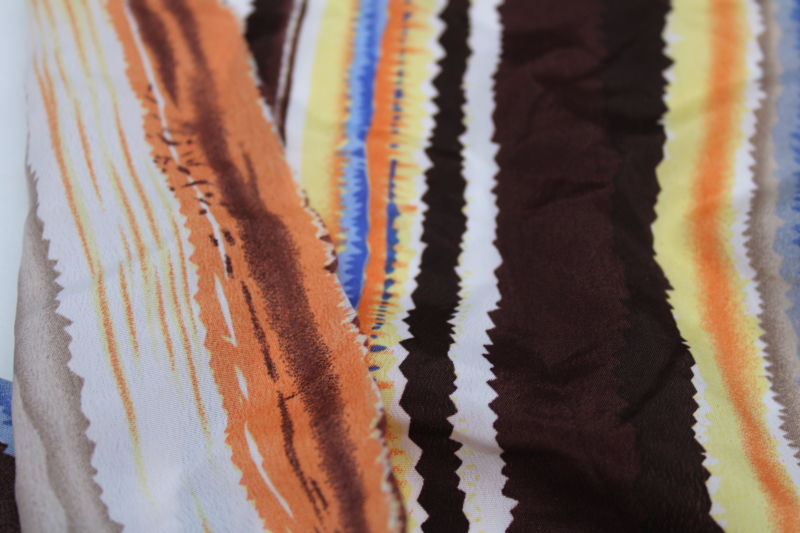 70s 80s vintage silky poly fabric, mod zen wood grain stripe print in retro colors