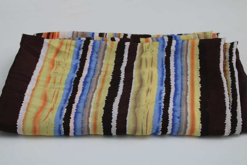 70s 80s vintage silky poly fabric, mod zen wood grain stripe print in retro colors