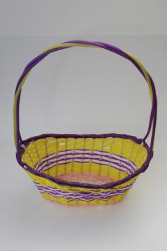 70s 80s vintage woven plastic Easter basket made in Taiwan, yellow, purple, pink