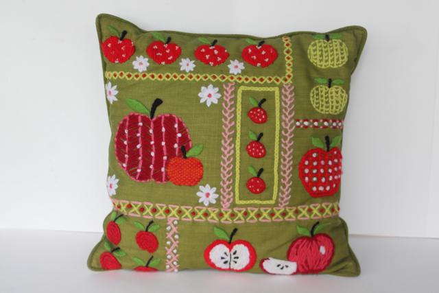 70s boho vintage cushion, red apples on green chunky yarn embroidery hand stitched crewel