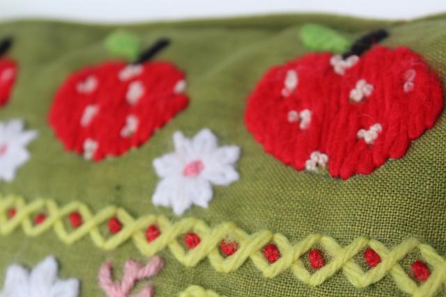 70s boho vintage cushion, red apples on green chunky yarn embroidery hand stitched crewel