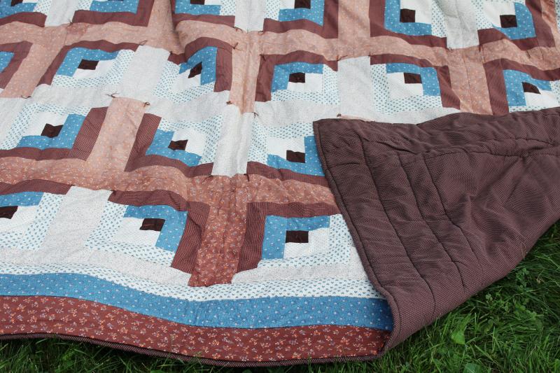 70s hippie vintage blues & browns patchwork tied quilt, queen size bedspread