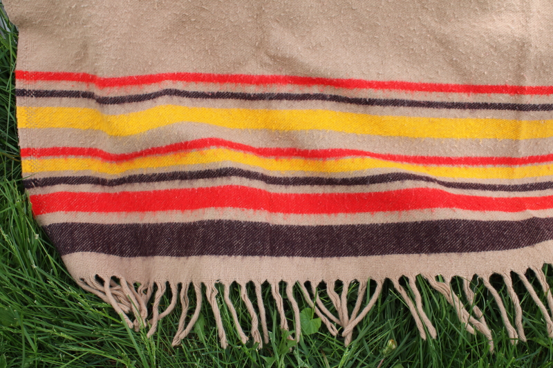 70s hippie vintage camp blanket, fringed striped throw southwest Indian blanket style