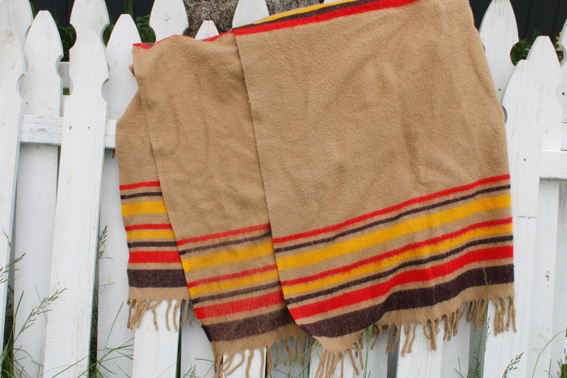 70s hippie vintage camp blanket, fringed striped throw southwest Indian blanket style