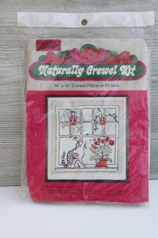 70s hippie vintage crewel kit for embroidered picture Cat in a Window w/ spider plant, houseplants