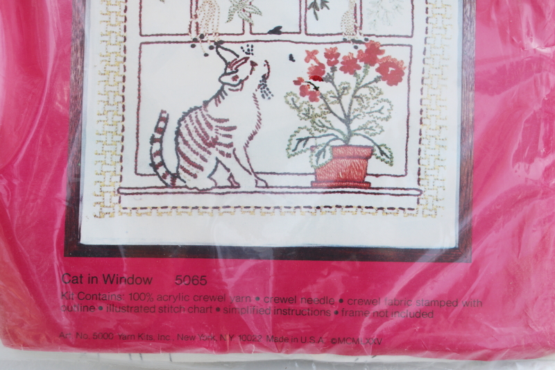 70s hippie vintage crewel kit for embroidered picture Cat in a Window w/ spider plant, houseplants