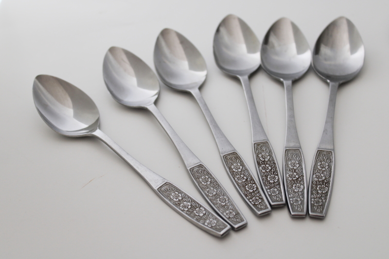 70s mod floral pattern stainless flatware lot soup  tea spoons, Customcraft Japan CUS10