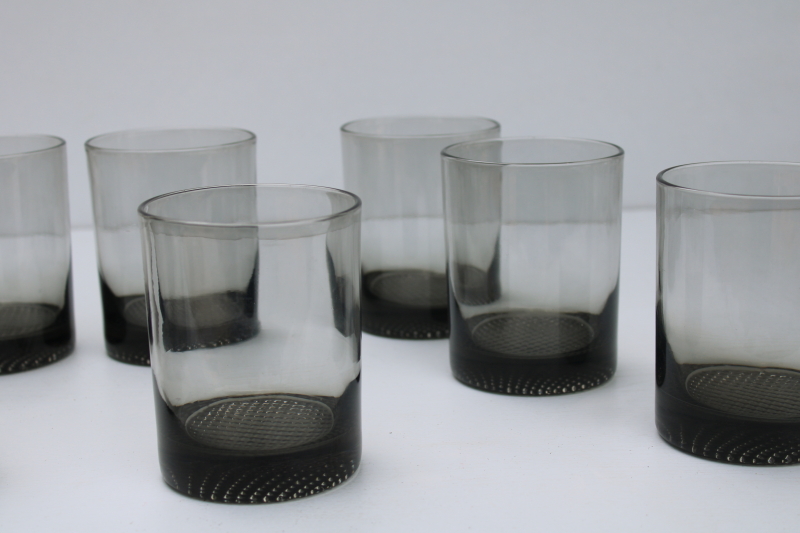 70s mod smoke grey glass drinking glasses set, old fashioneds doubles lowball tumblers