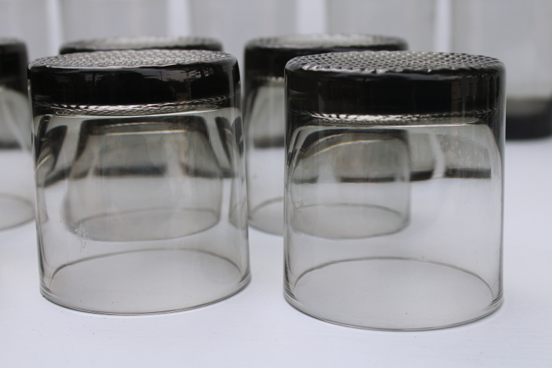 70s mod smoke grey glass drinking glasses set, old fashioneds doubles lowball tumblers