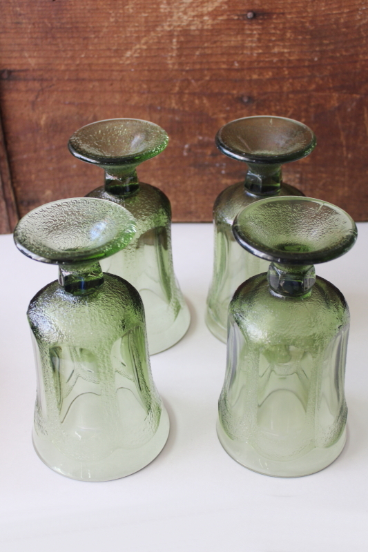 70s mod vintage Fostoria woodland green footed tumblers, chunky glass drinking glasses