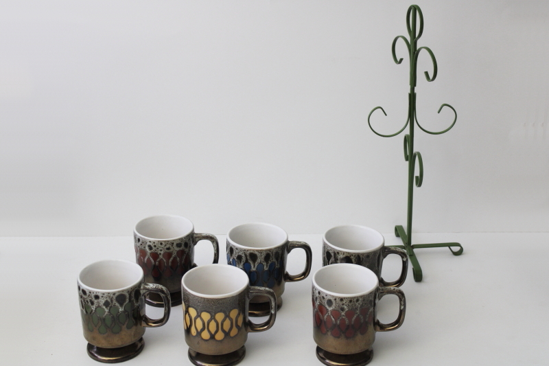 70s mod vintage Japan drip glaze ceramic coffee cups  mug tree set