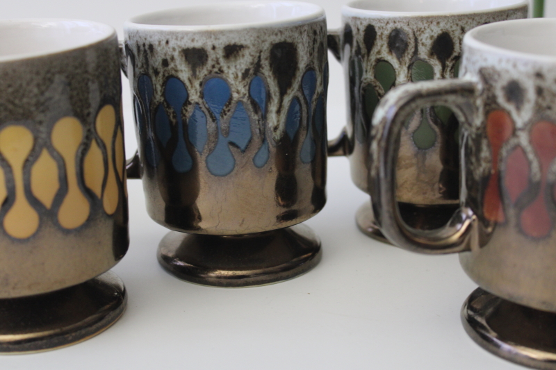 70s mod vintage Japan drip glaze ceramic coffee cups  mug tree set