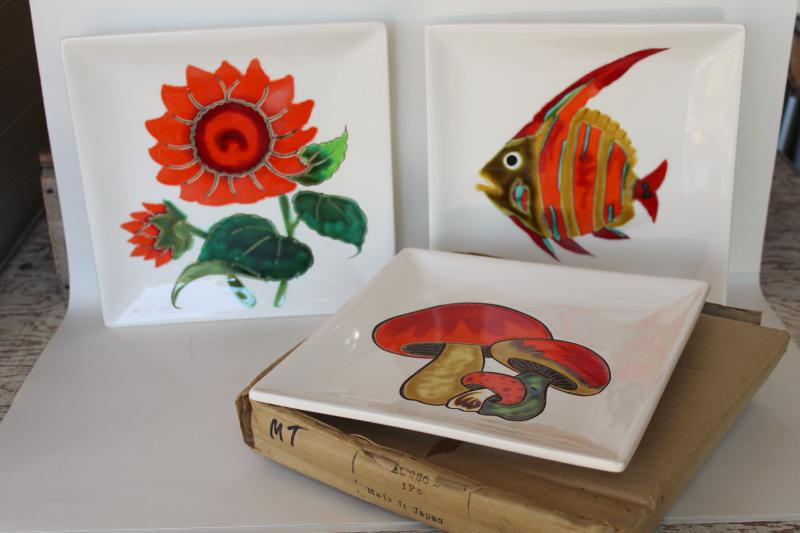 70s mod vintage Japan wall plaques square tile plates, orange & red mushroom, flower, fish