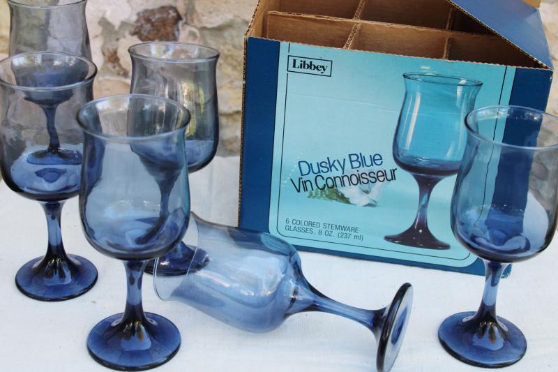70s mod vintage Libbey dusky blue wine glasses Conniosseur shape original box