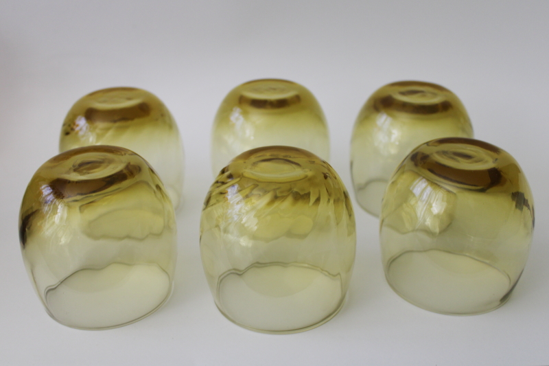 70s mod vintage Libbey roly poly glasses, Tiara gold optic pattern amber glass