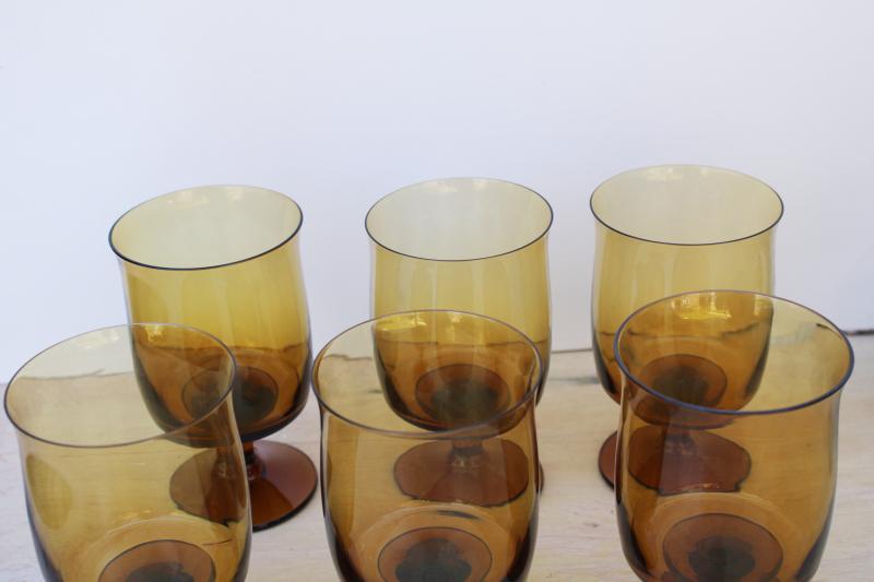 70s mod vintage amber glass stemware, tulip shape water goblets or wine glasses