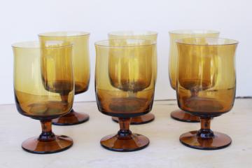 70s mod vintage amber glass stemware, tulip shape water goblets or wine glasses