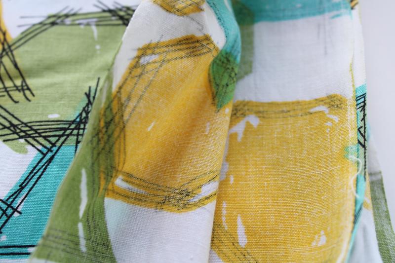 70s mod vintage cotton fabric, geometric drawing print yellow, aqua, olive green