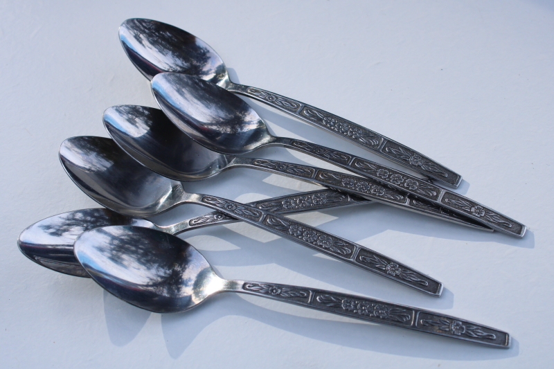 70s mod vintage stainless flatware, Imperial Serta pattern tea spoons, set of 6 teaspoons