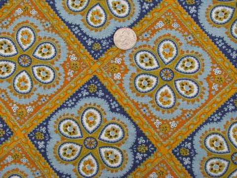 70's moorish tile print blue / gold cotton fabric