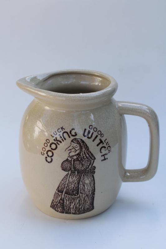 70s or 80s vintage good luck lucky Kitchen Witch printed stoneware pottery pitcher 