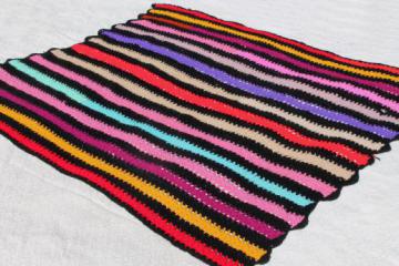 70s retro vintage crochet afghan blanket, multi-colored stripes w/ black 
