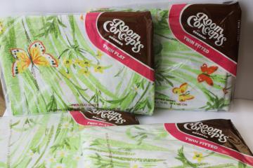 70s vintage Bibb bed sheets retro butterflies floral twin fitted & flat sets mint in package 