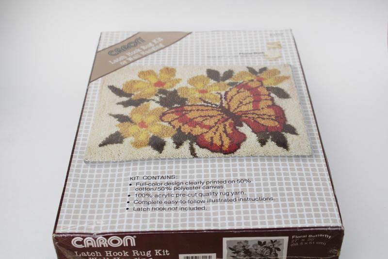 70s vintage Caron sealed latch hook rug kit, yarn & print canvas butterfly & flowers 