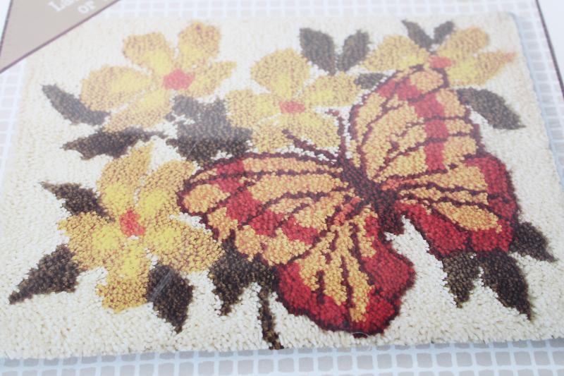 70s vintage Caron sealed latch hook rug kit, yarn & print canvas butterfly & flowers 