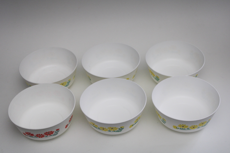 70s vintage Chiffonware plastic margarine tub bowls, yellow coral flowers print