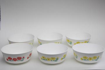 70s vintage Chiffonware plastic margarine tub bowls, yellow coral flowers print