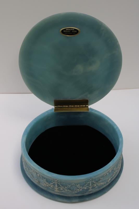 70s vintage Incolay stone jewelry box, blue & white jasperware style classical scene