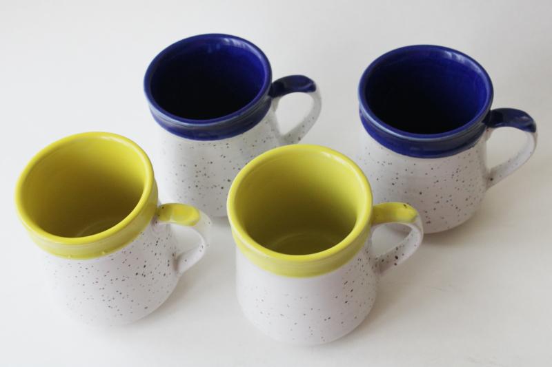70s vintage Japan stoneware stackable mugs, retro speckled glaze blue &a yellow