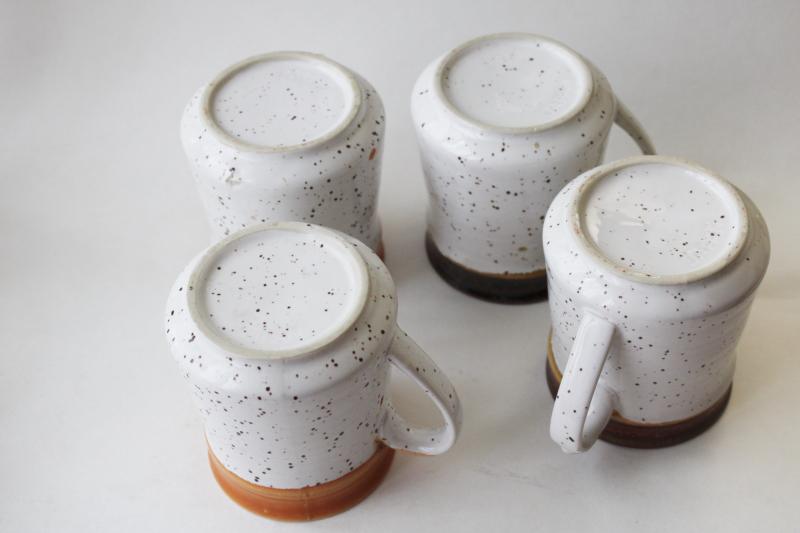 70s vintage Japan stoneware stackable mugs, retro speckled glaze orange & brown