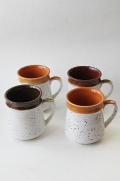 70s vintage Japan stoneware stackable mugs, retro speckled glaze orange & brown