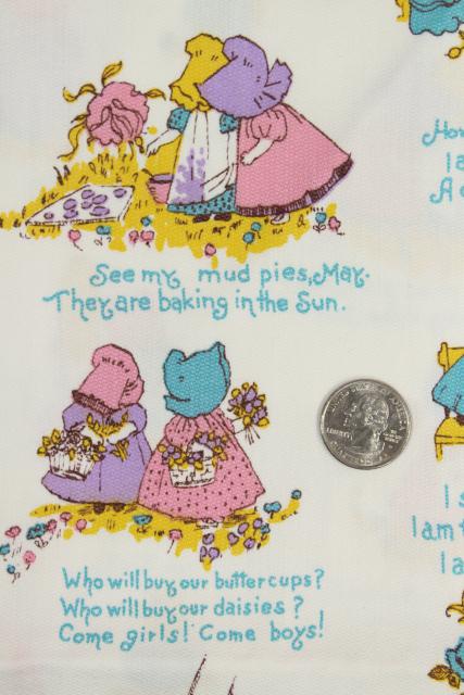 70s vintage Kate Greenaway old fashioned little girls print fabric, cotton duck material
